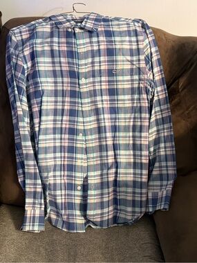 Vineyard Vines Navy and Light Blue Plaid Button-Down Shirt